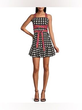 Mo Maya XS Luna Check Leopard Print Strap Sqaure Neckline Sleeveless Mini Dress